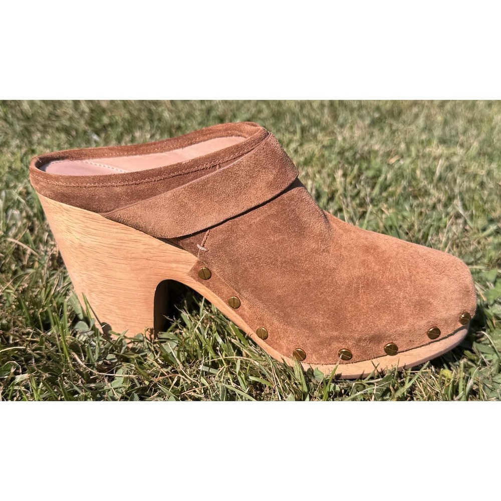 Veronica Beard Dacey Suede Wooden Clog Mule Camel Brown Studded Buckle Heel 8.5M - Picture 7 of 13